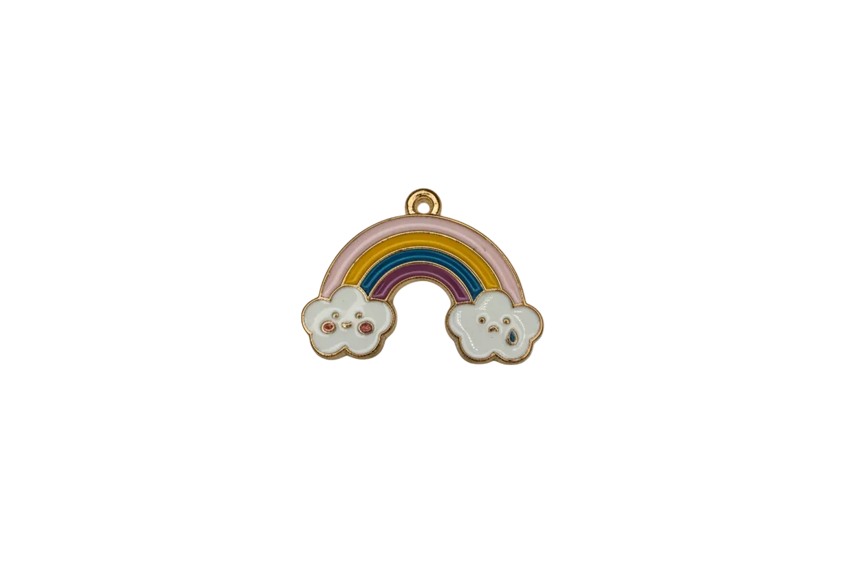 Pastel rainbow arch with two white clouds, gold outline