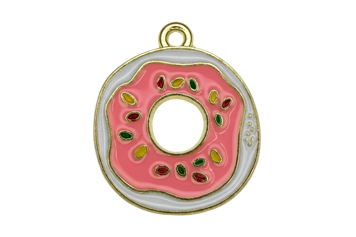 Gold-outlined donut charm with pink frosting, white glaze border, and red green yellow sprinkles