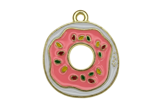 Gold-outlined donut charm with pink frosting, white glaze border, and red green yellow sprinkles