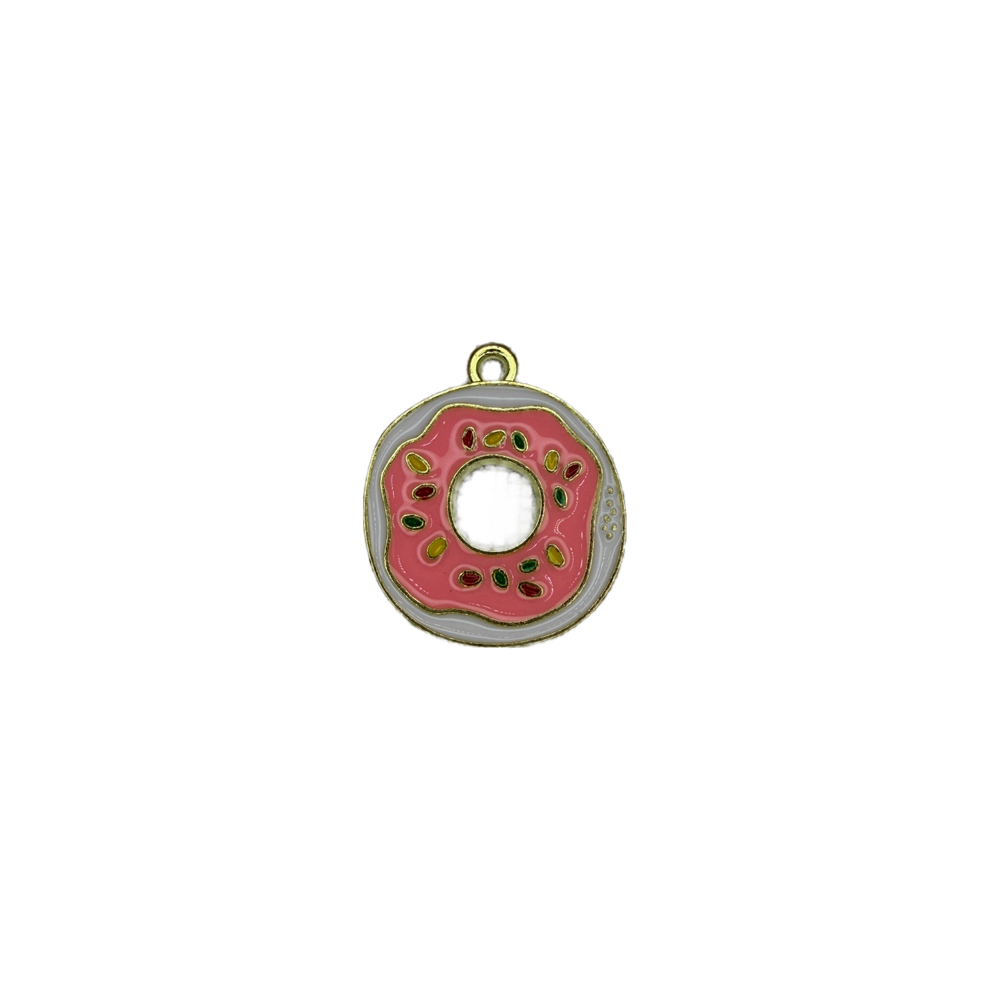 Pink frosted donut with white border and multicolor sprinkles, gold outline