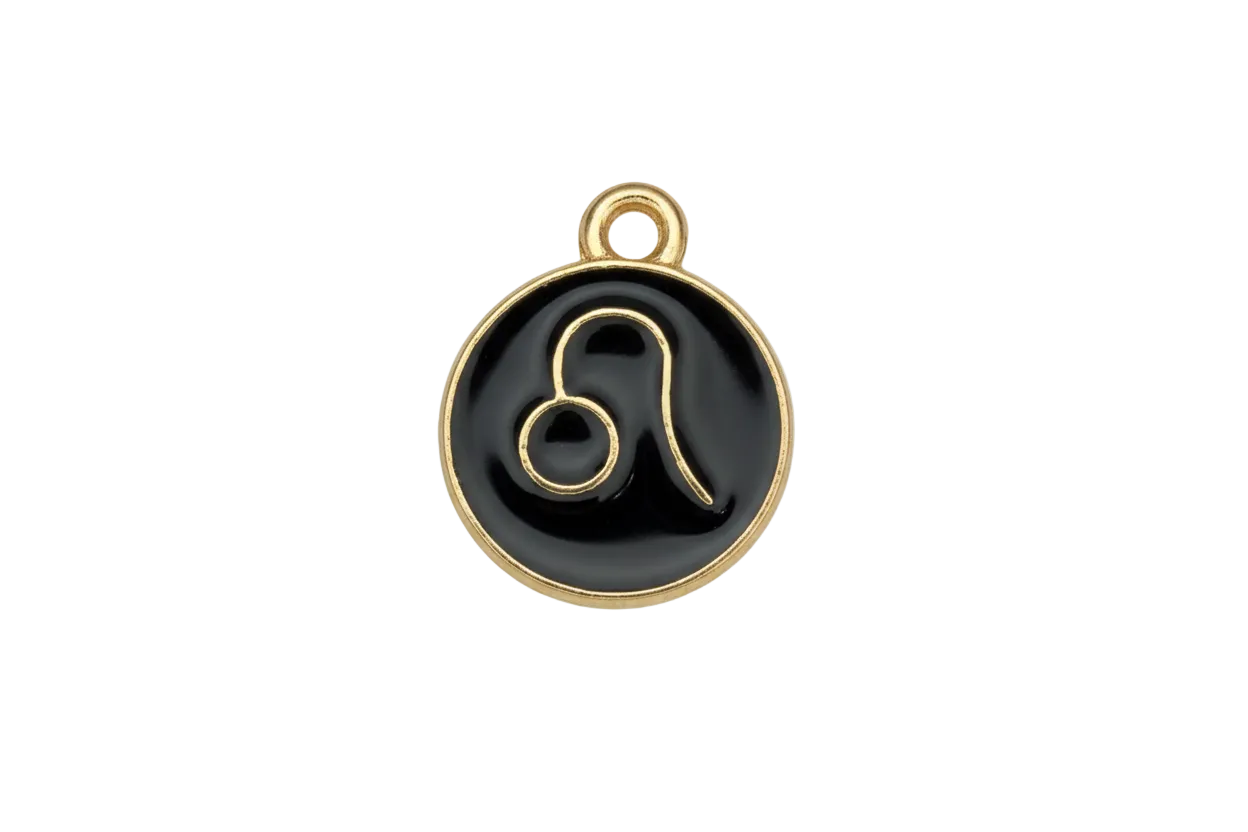 Gold-rimmed black enamel round medallion with Leo zodiac symbol in gray and gold