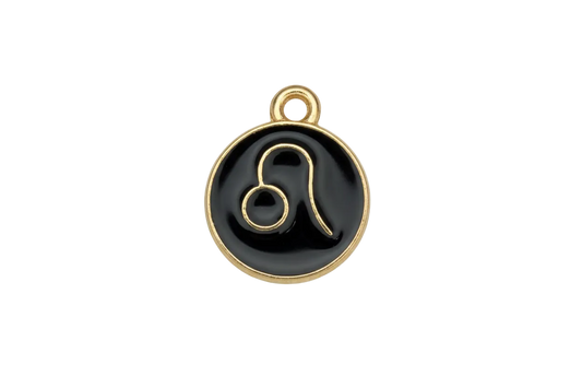 Gold-rimmed black enamel round medallion with Leo zodiac symbol in gray and gold