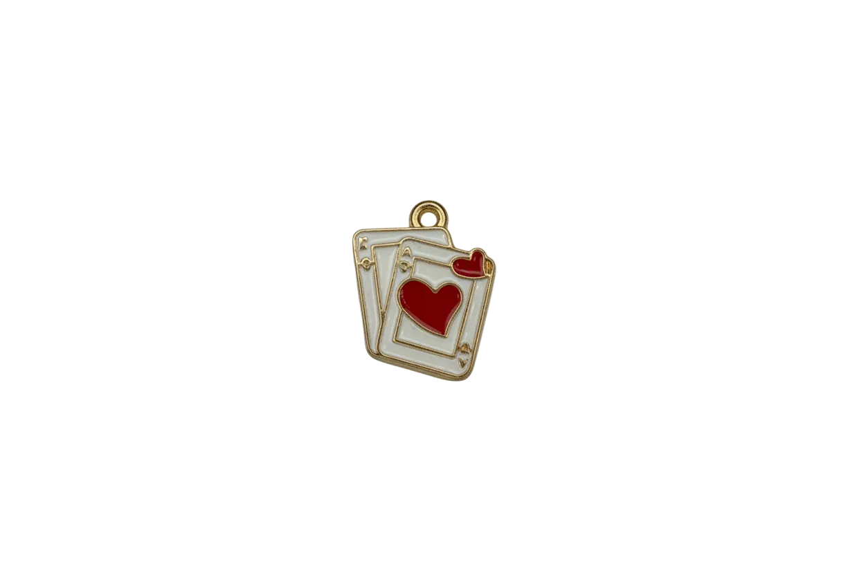 Playing card stack in white enamel with red hearts and gold outline