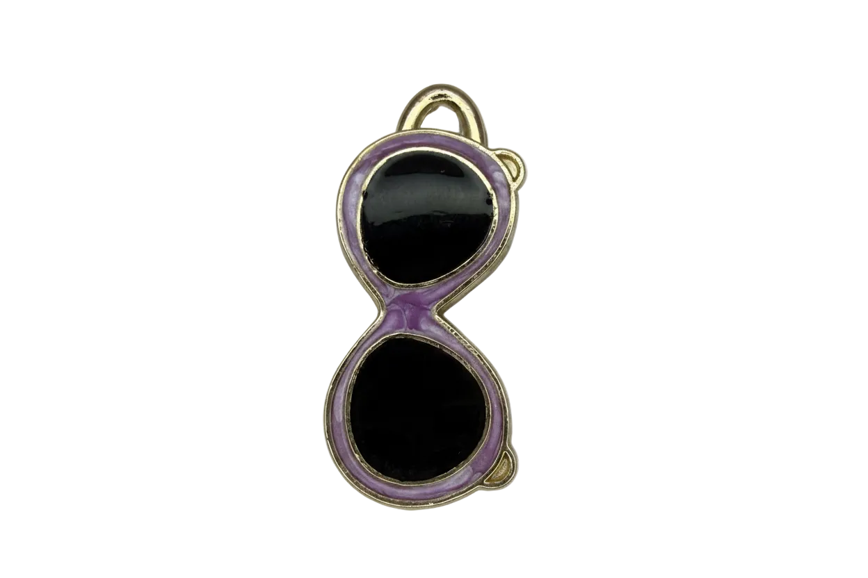 Purple round sunglasses charm with black lenses and gold outline