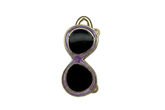 Purple round sunglasses charm with black lenses and gold outline