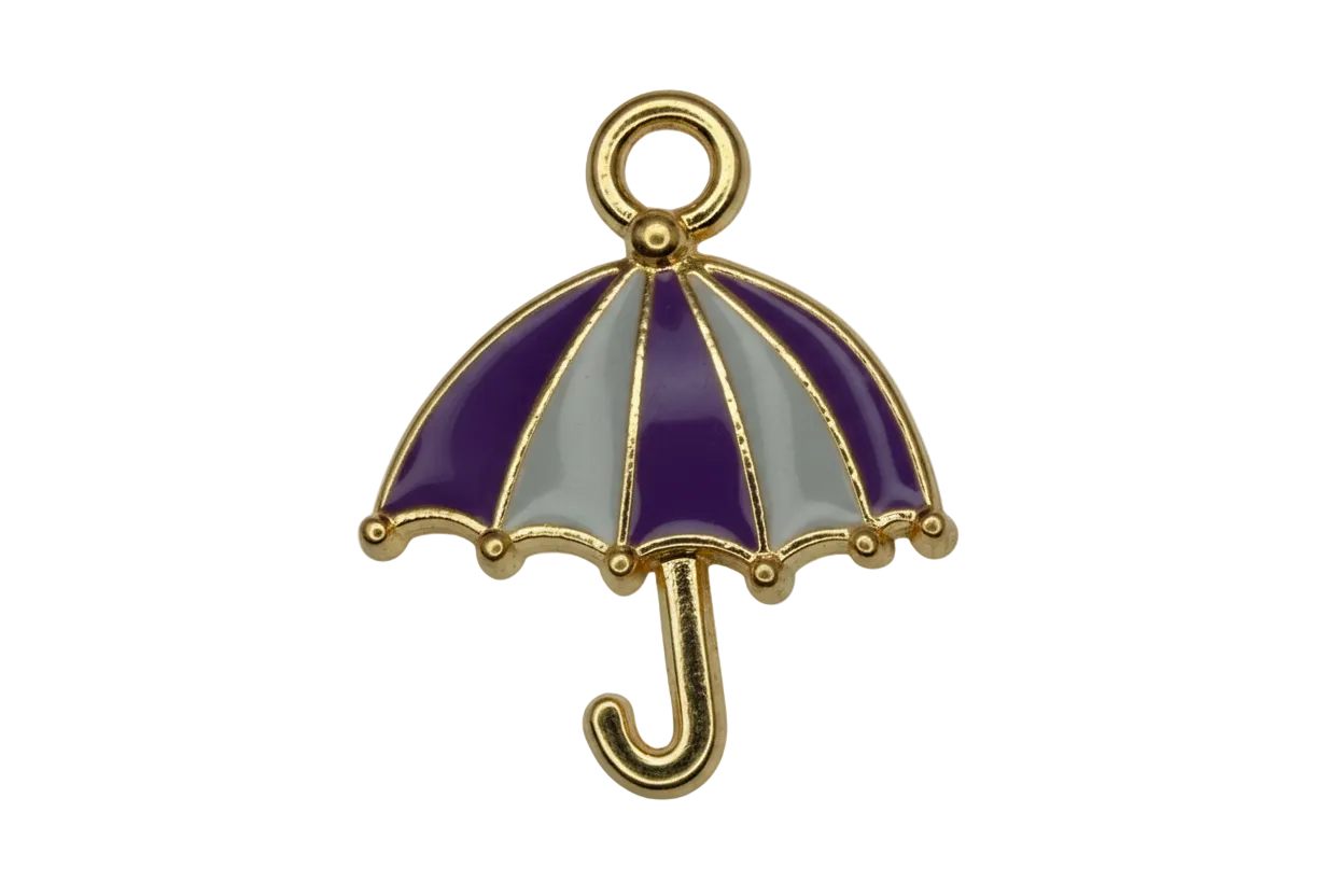 Gold umbrella charm with glossy purple and white striped panels