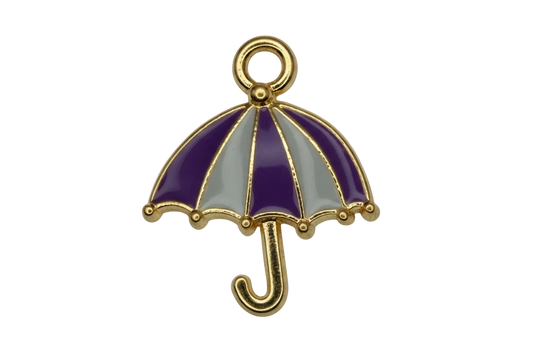 Gold umbrella charm with glossy purple and white striped panels