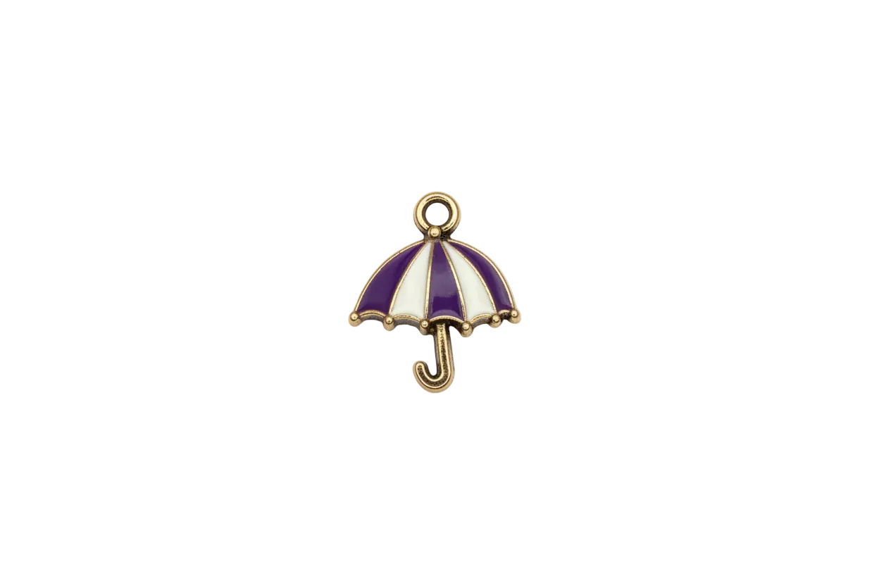 Gold umbrella with purple and white striped panels