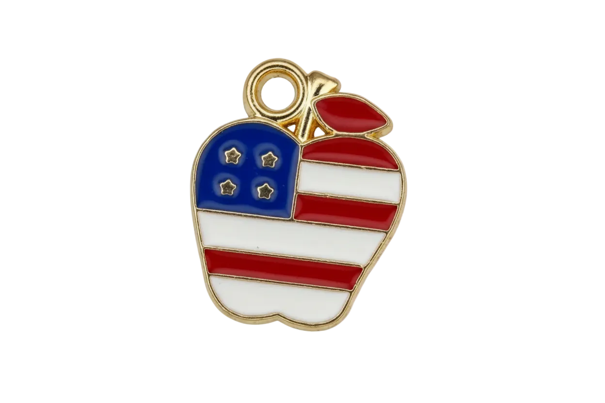Gold-outlined enamel apple with red and white stripes, blue star panel, and red leaf