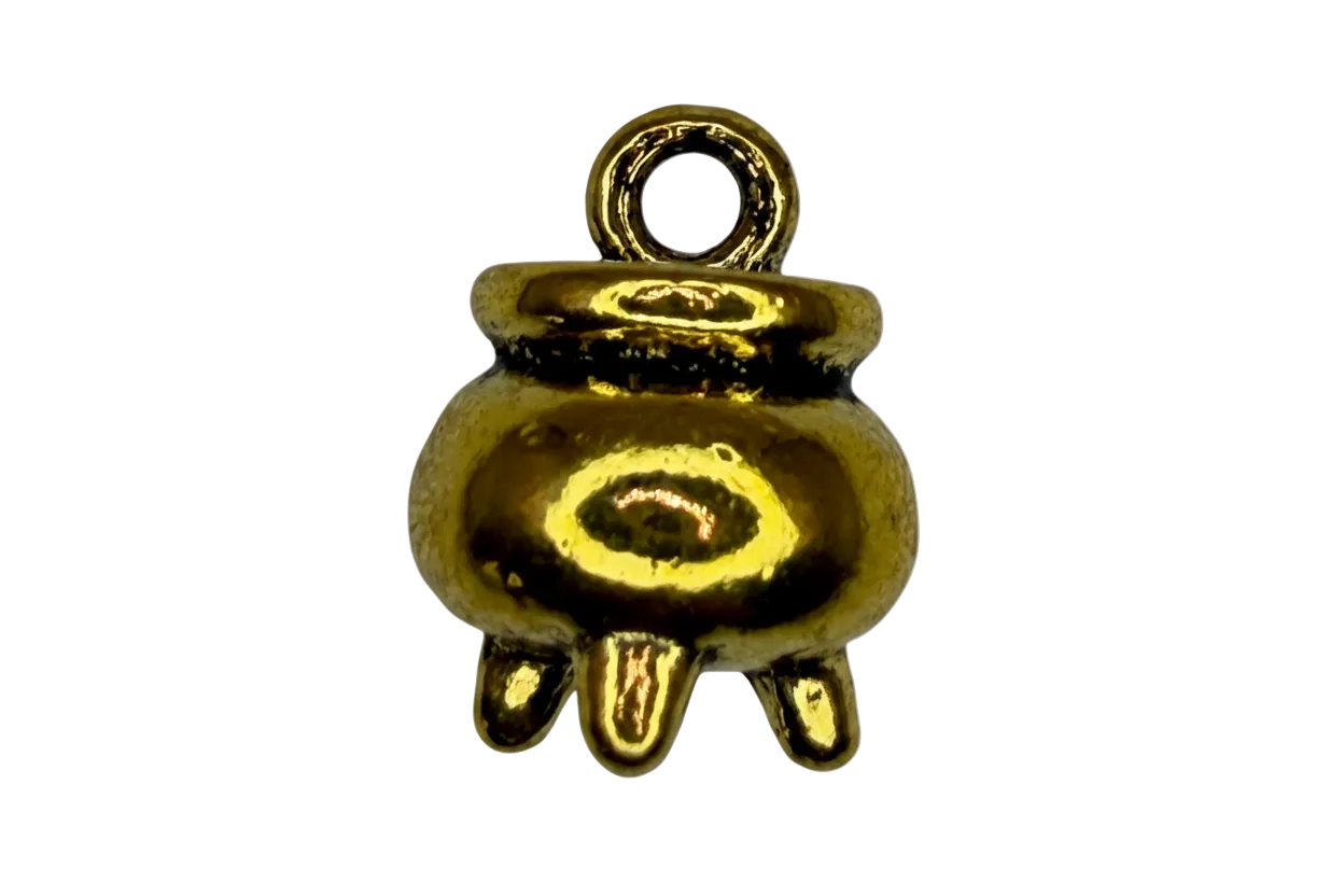 Polished gold cauldron pot with rounded body, flared rim, and three small feet