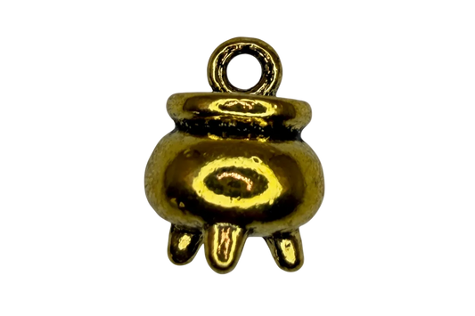 Polished gold cauldron pot with rounded body, flared rim, and three small feet