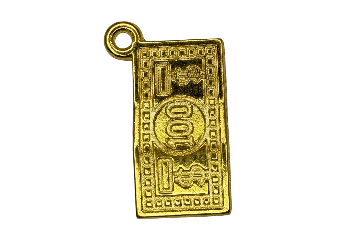Gold-finish rectangular banknote tag with engraved border and raised “100” detail
