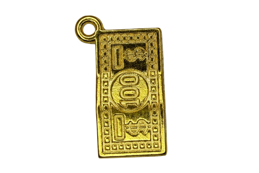 Gold-finish rectangular banknote tag with engraved border and raised “100” detail