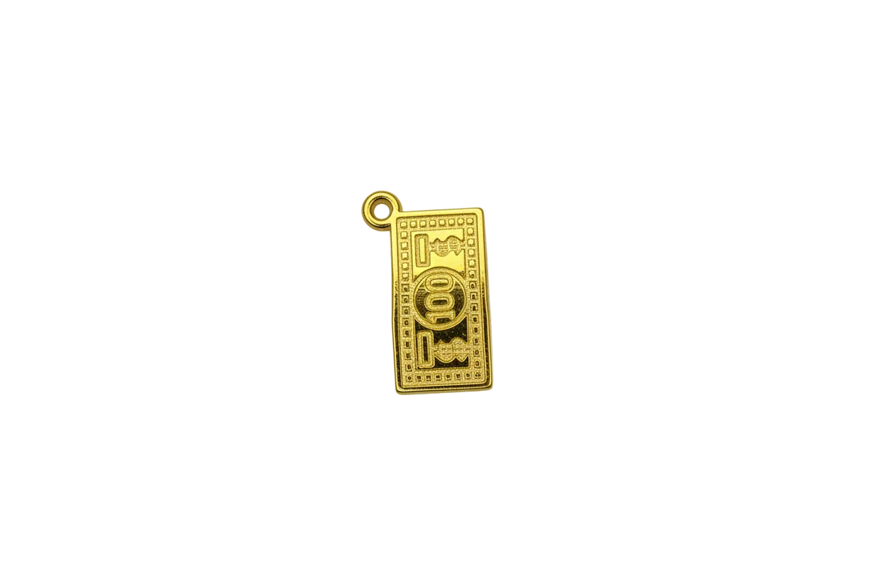 Gold banknote tag with raised “100” detail