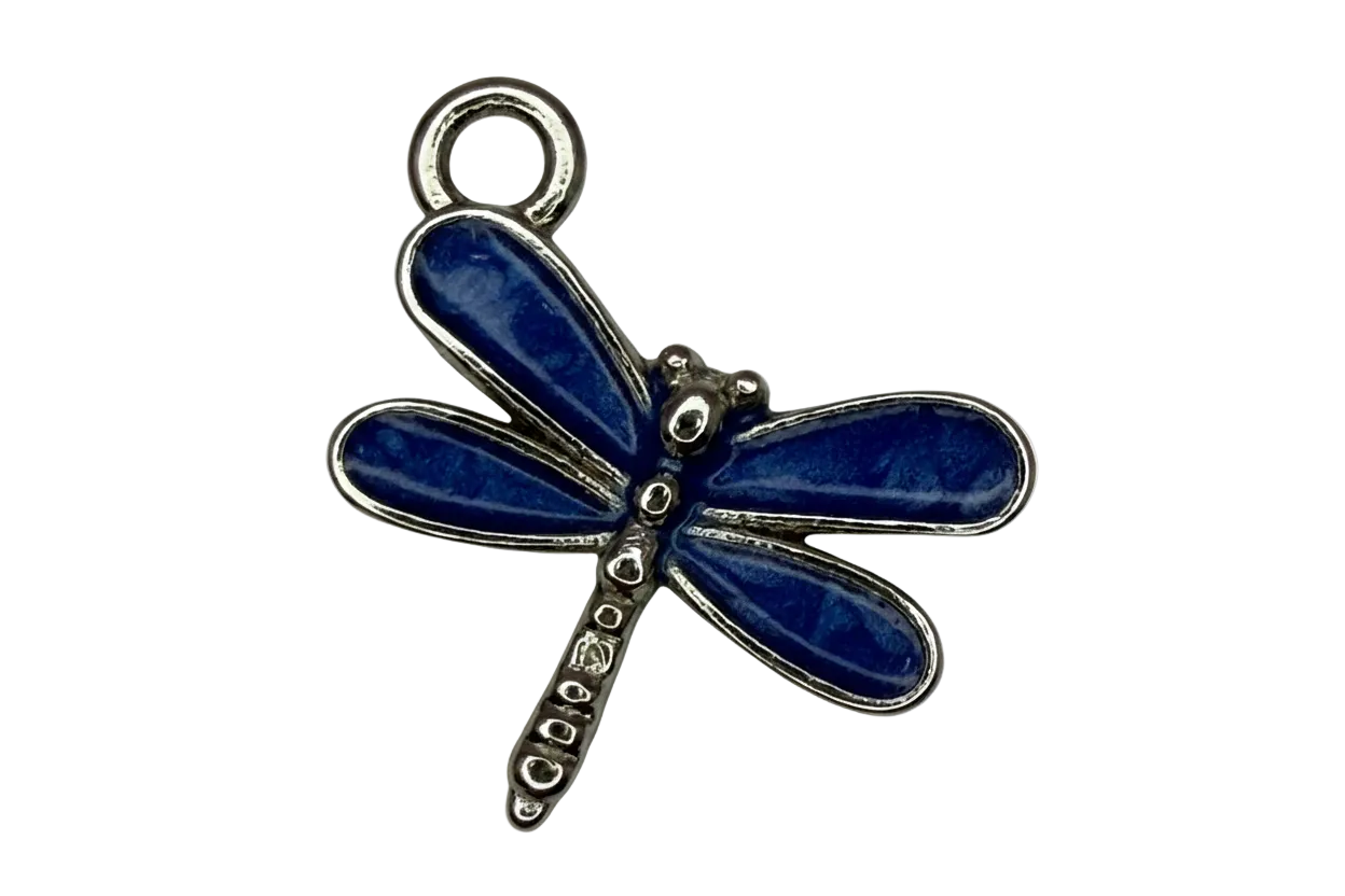 Deep blue enamel dragonfly charm with polished silver detailing on black background