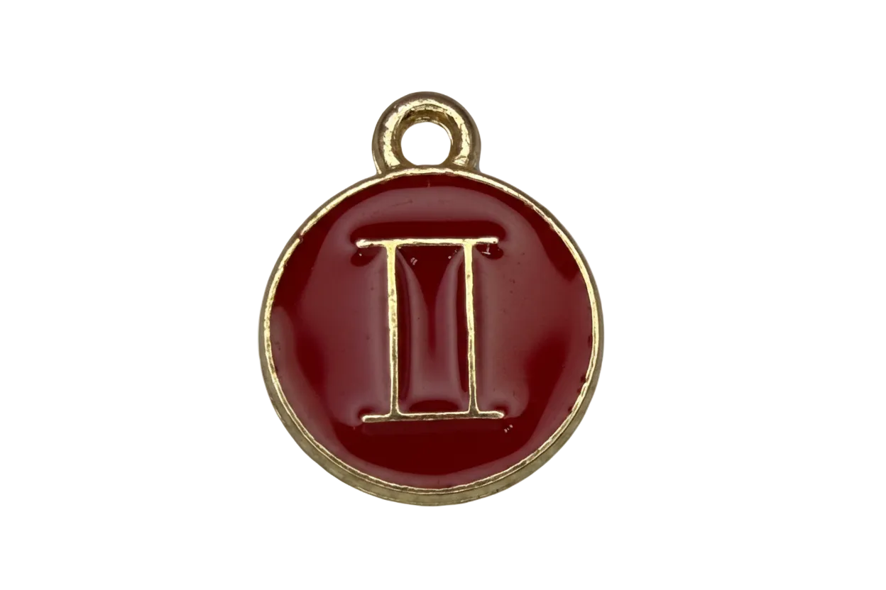 Round burgundy enamel medallion with raised gold Roman numeral II