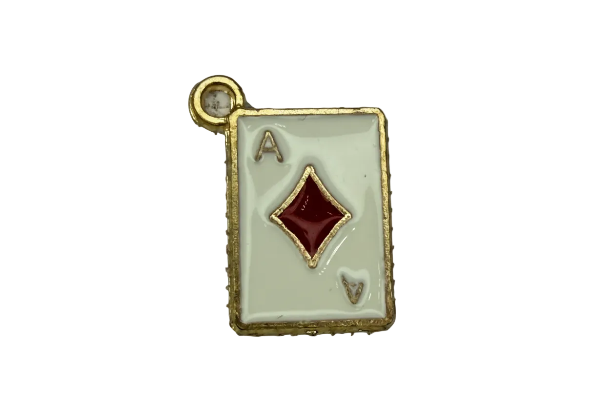 White enamel ace of diamonds playing card with red diamond and gold border