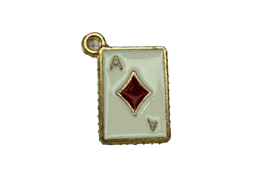 White enamel ace of diamonds playing card with red diamond and gold border