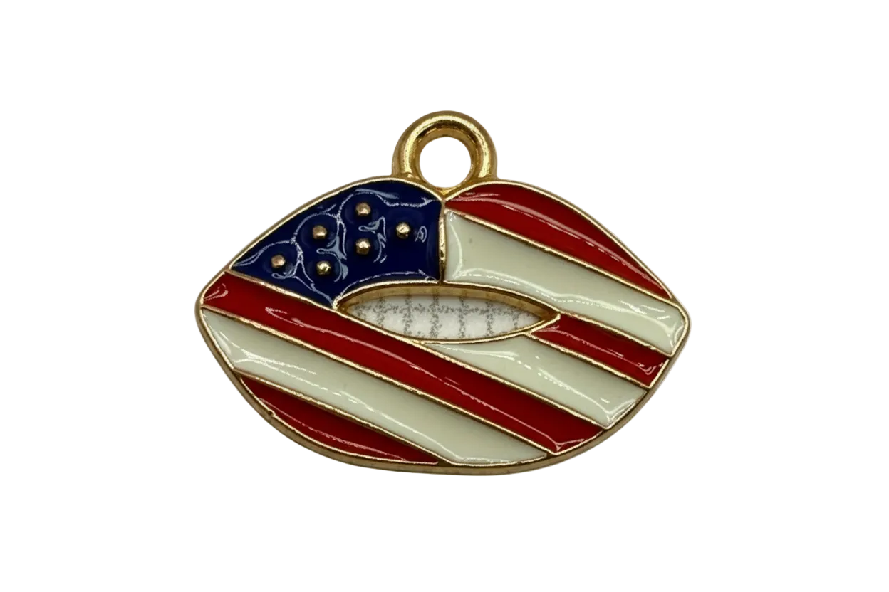 Gold-tone lips charm with red and white stripes and navy star field enamel