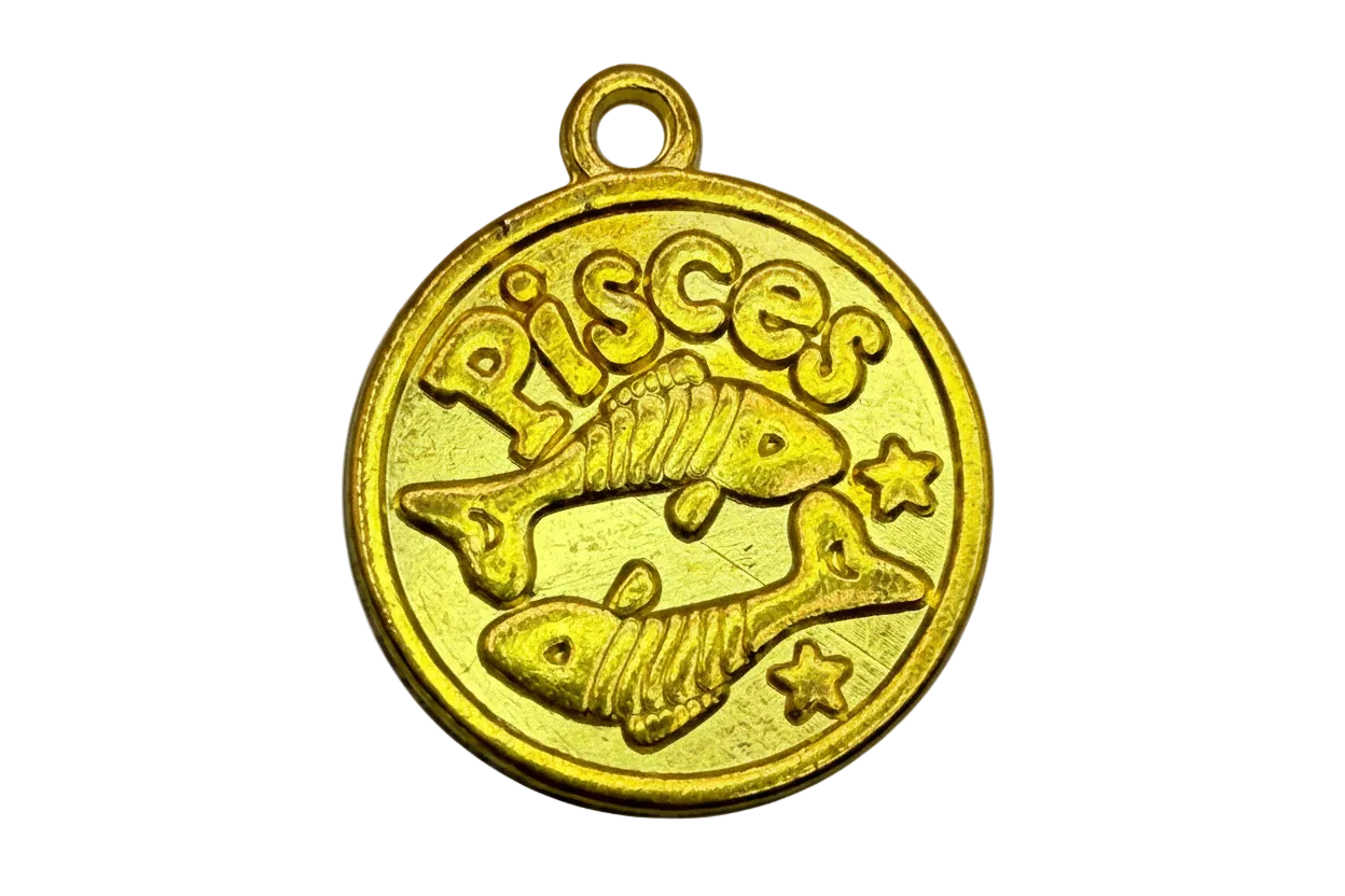 Gold round Pisces zodiac coin with two fish and star details
