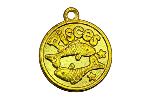 Gold round Pisces zodiac coin with two fish and star details