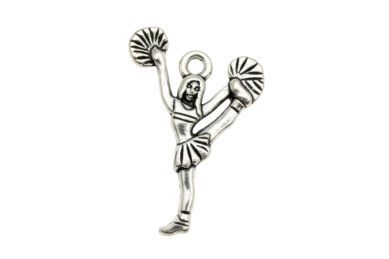 Antiqued silver cheerleader figure with raised pom poms and high kick pose