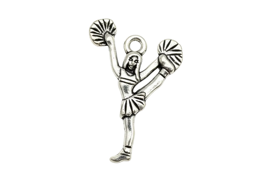 Antiqued silver cheerleader figure with raised pom poms and high kick pose