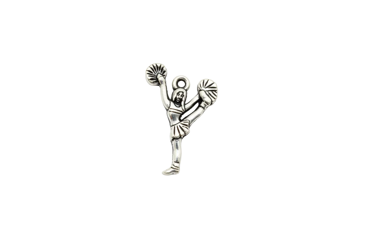 Silver cheerleader figure with pom poms in a high kick pose