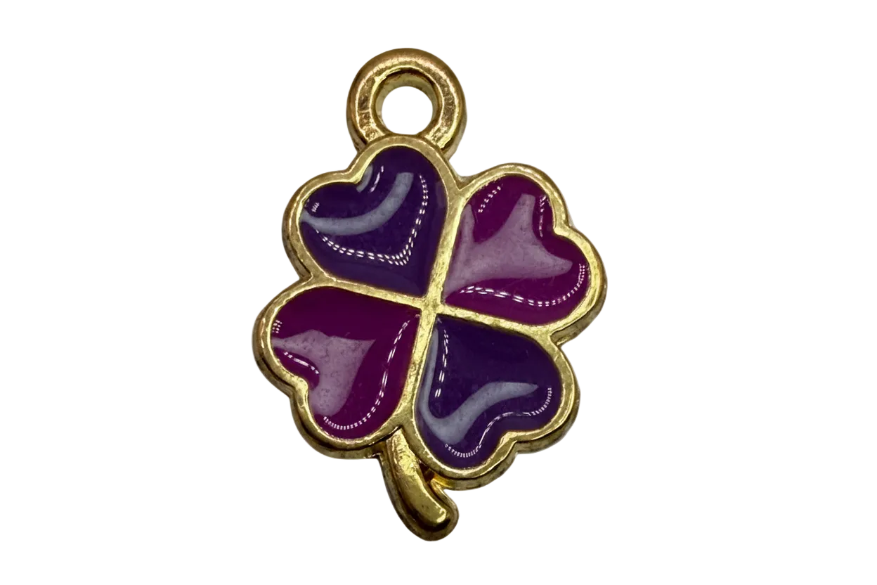 Gold four-leaf clover charm with glossy violet and plum heart-shaped leaves