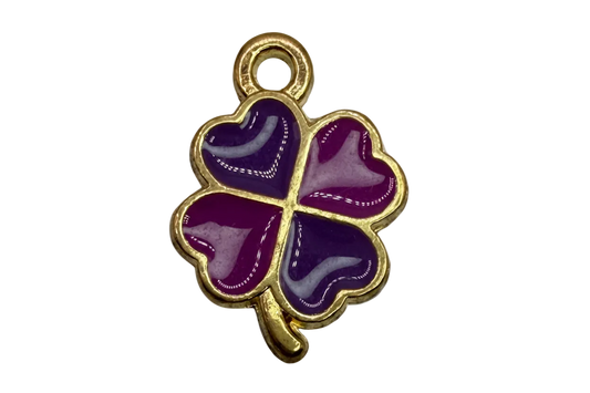 Gold four-leaf clover charm with glossy violet and plum heart-shaped leaves