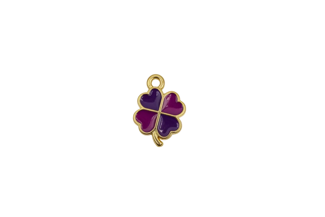 Gold four-leaf clover with glossy violet and plum hearts