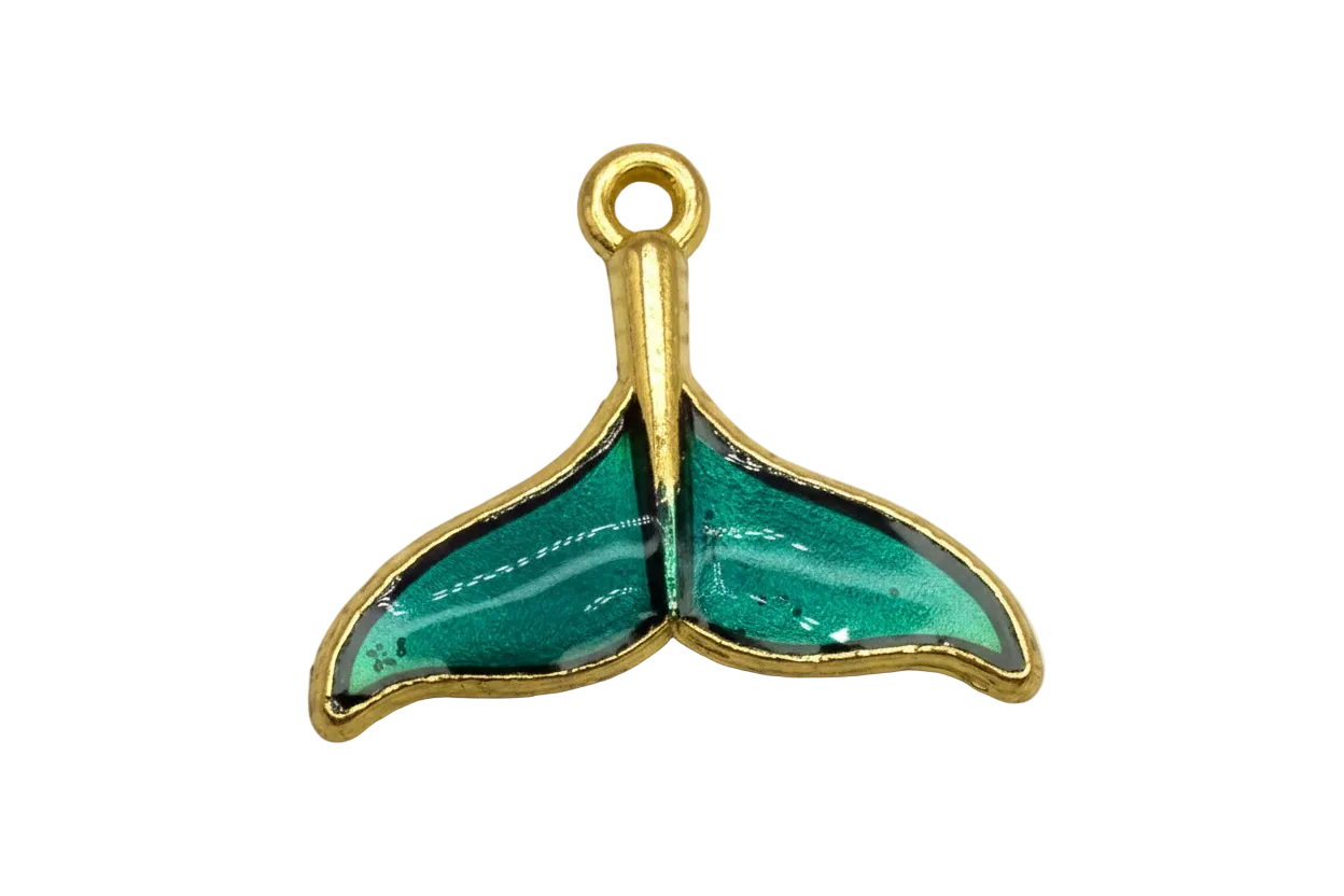 Teal enamel whale tail with gold outline on black background