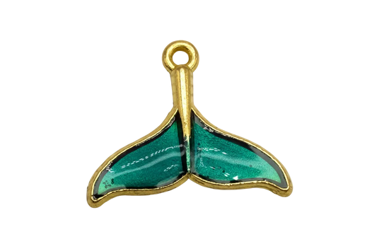 Teal enamel whale tail with gold outline on black background