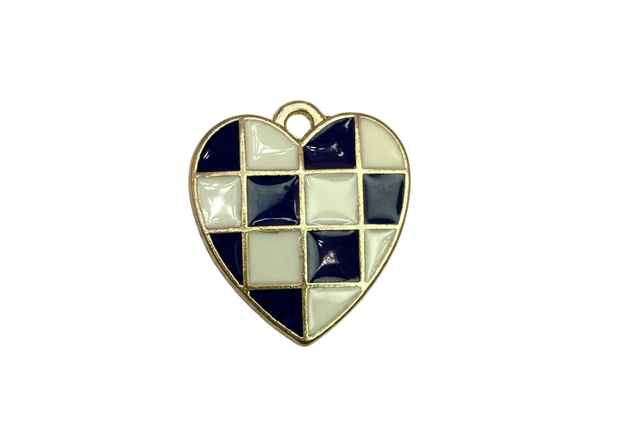 Gold heart with navy and cream checkerboard enamel in a glossy finish
