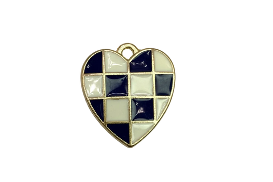Gold heart with navy and cream checkerboard enamel in a glossy finish