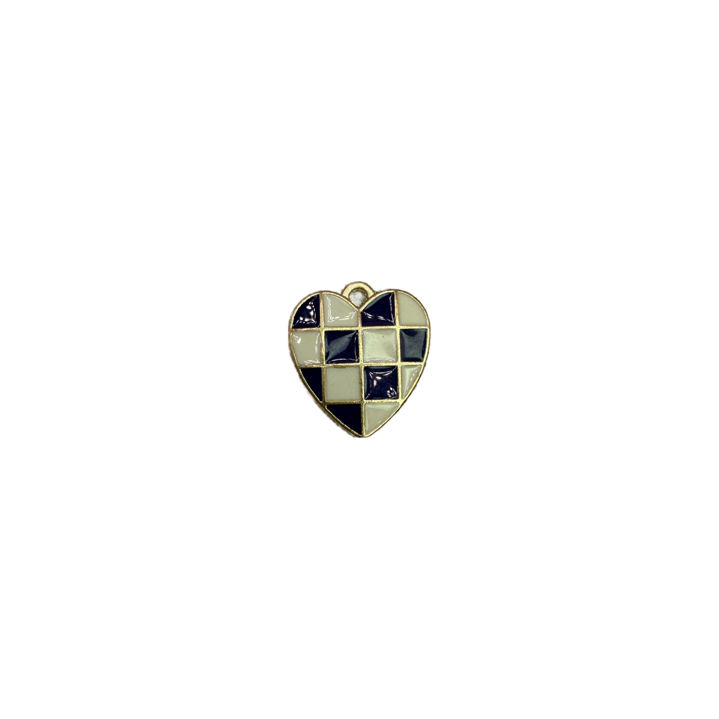Gold heart with navy and cream checkerboard enamel