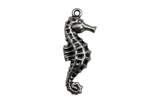 Antique silver seahorse pendant with textured ridges and darkened details