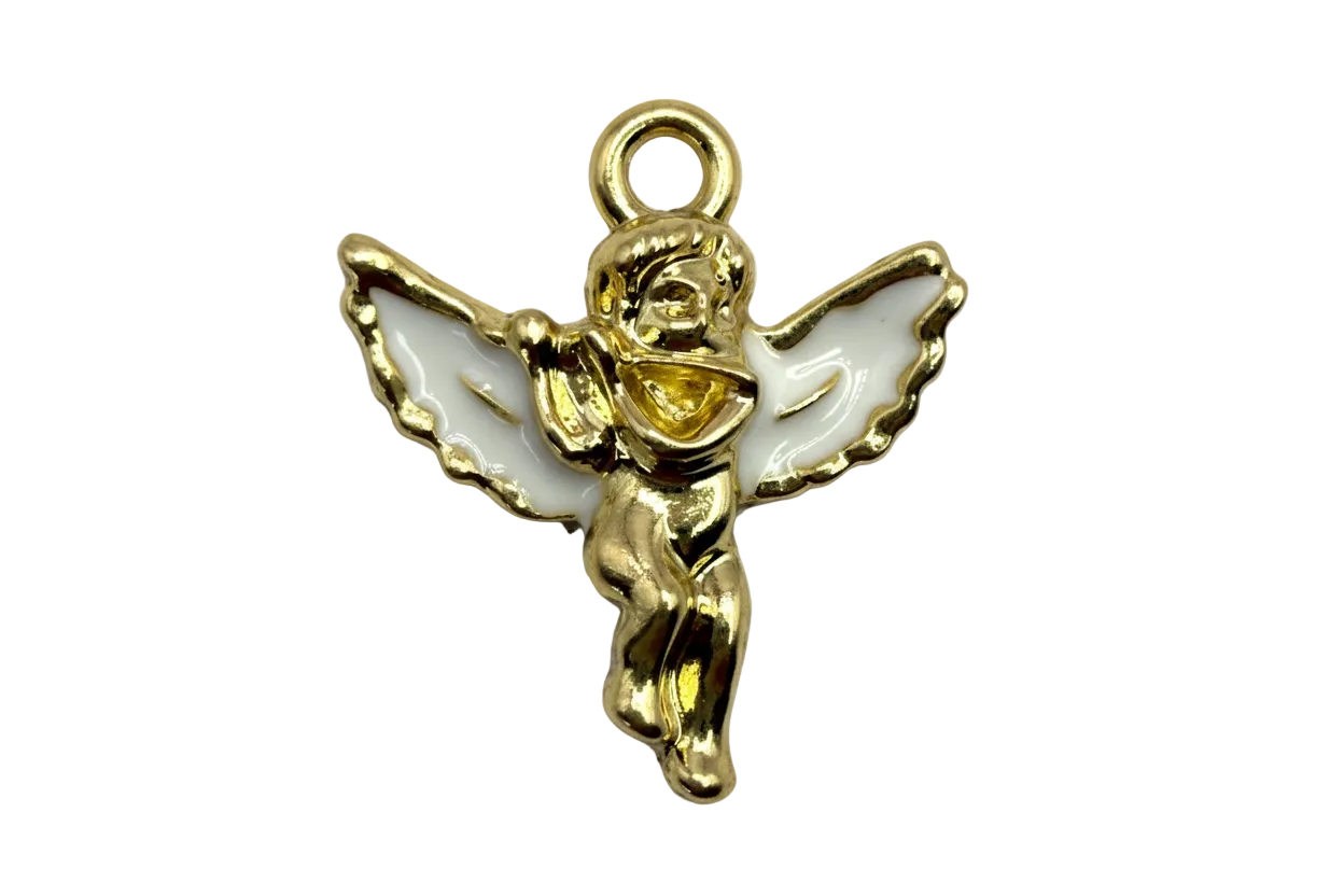 Gold cherub angel charm with glossy white wings