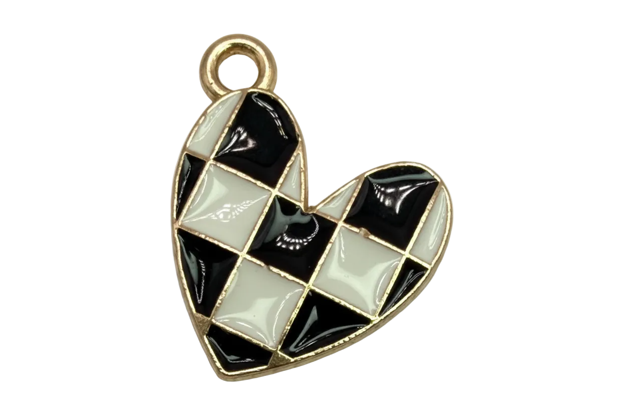 Gold heart charm with black and ivory harlequin checkered enamel, glossy finish