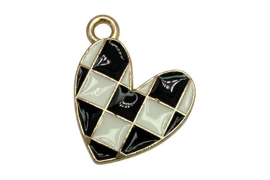 Gold heart charm with black and ivory harlequin checkered enamel, glossy finish
