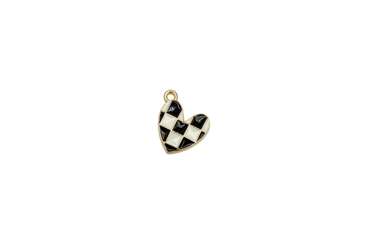 Gold heart with black and ivory checkered enamel