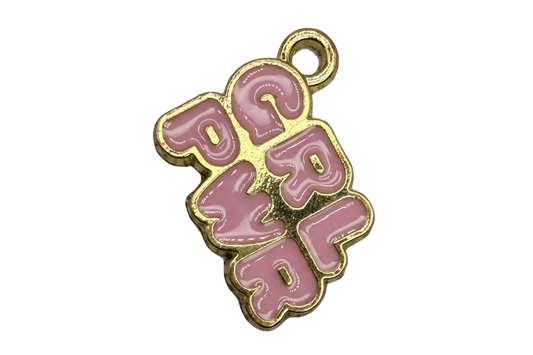 Gold charm with glossy pink bubble letters spelling GIRL
