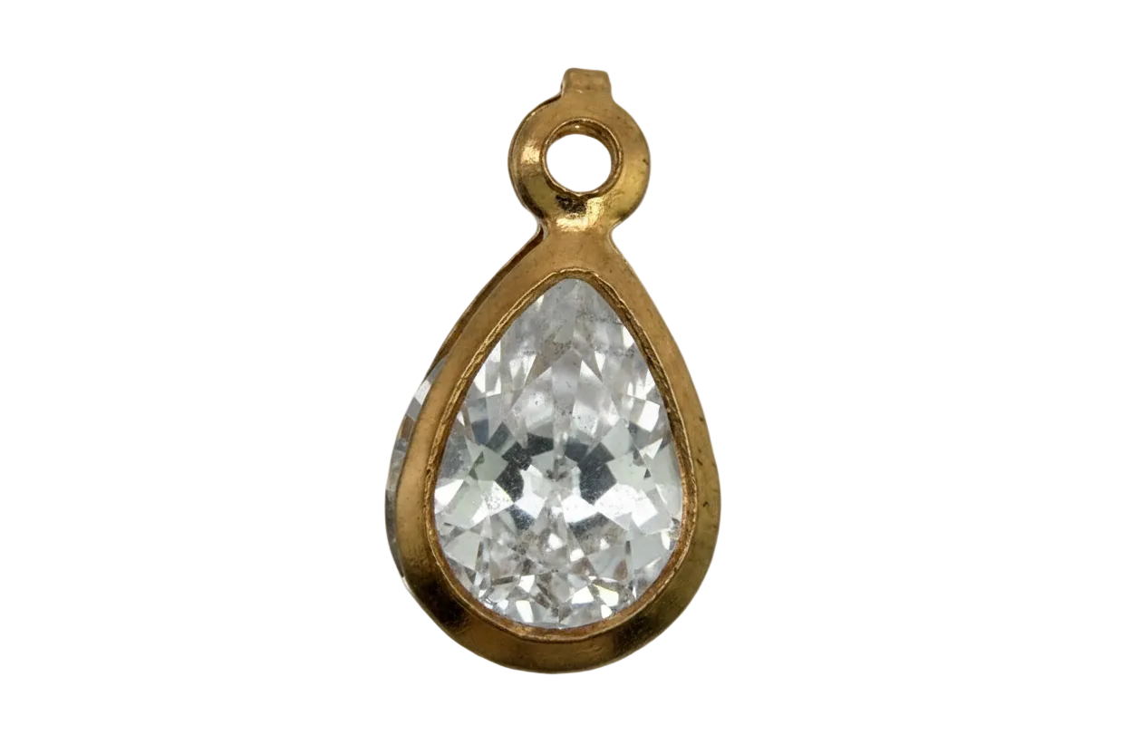 Faceted clear teardrop gem in a glossy gold frame