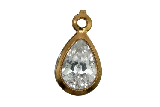 Faceted clear teardrop gem in a glossy gold frame