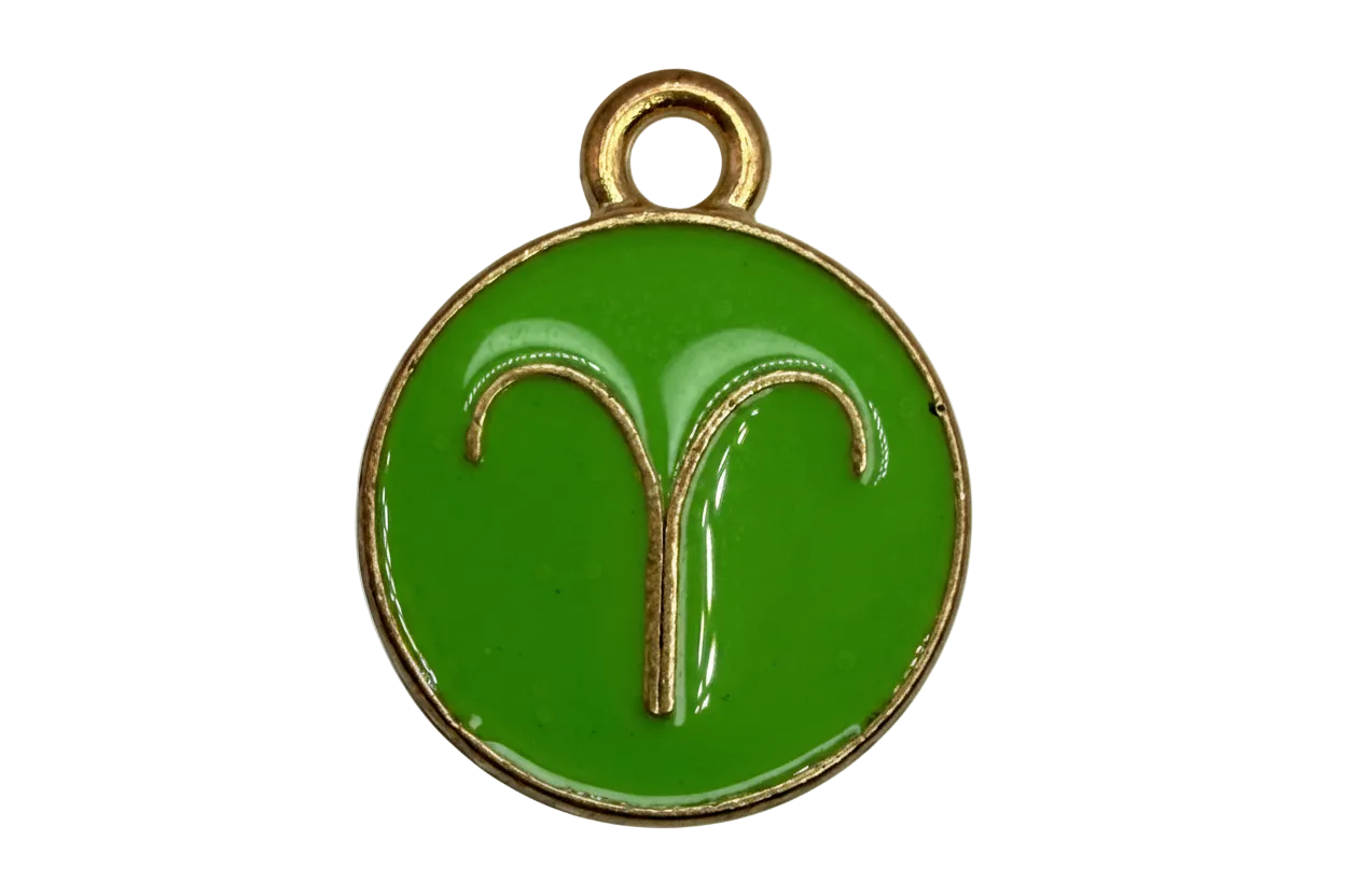 Round glossy green enamel disc with raised gold Aries zodiac glyph