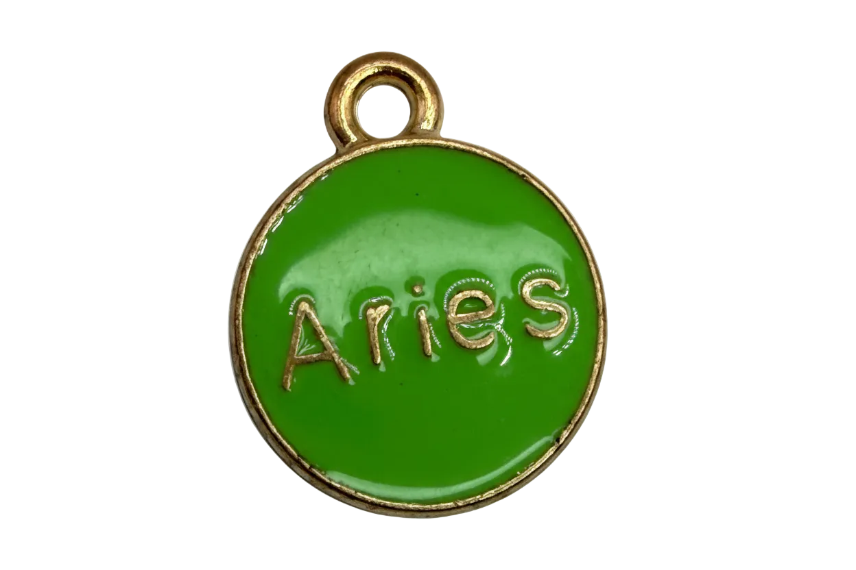 Green round enamel Aries disc with raised gold lettering and gold border