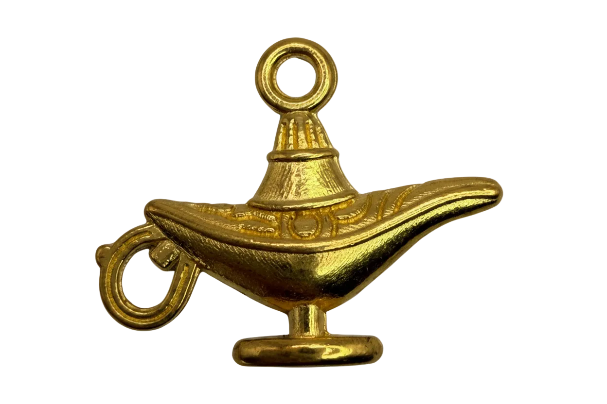 Gold sculpted genie lamp with raised ornamental details and polished finish
