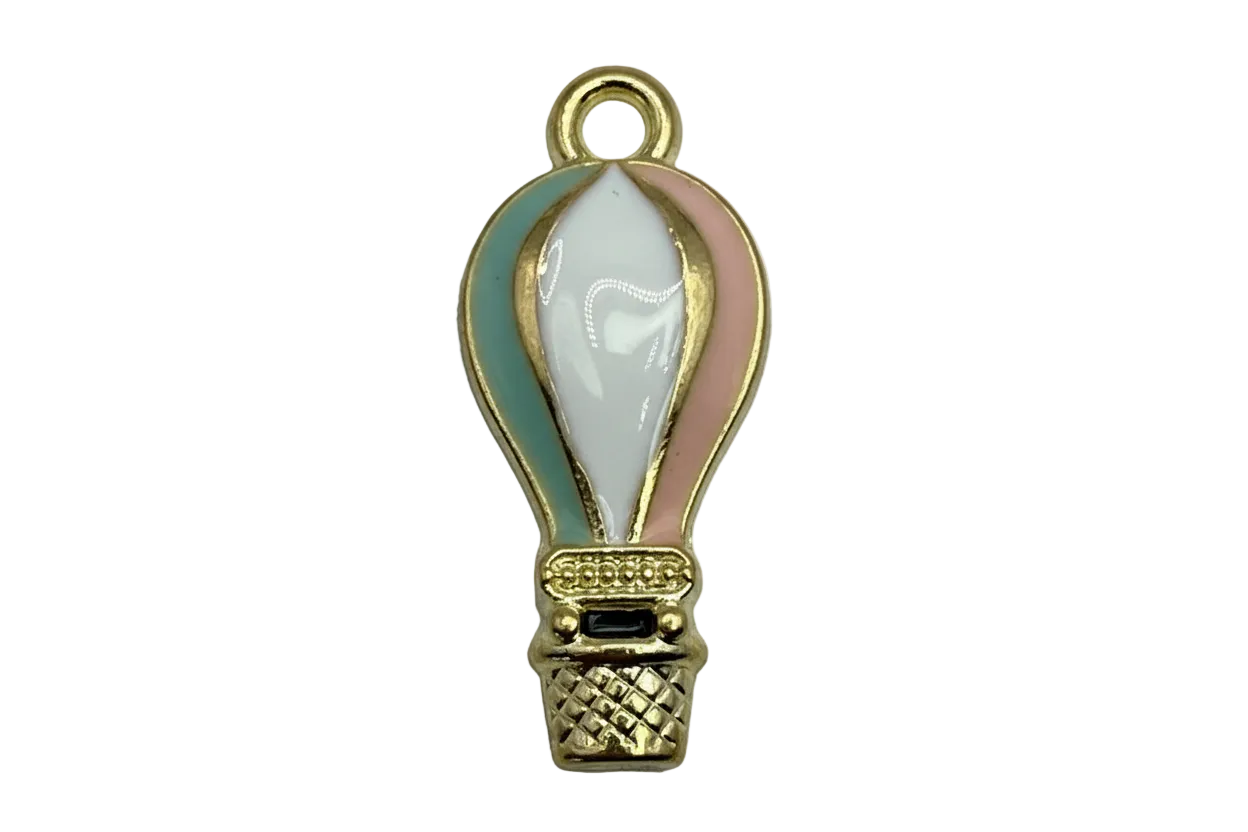 Pastel enamel hot air balloon in teal, blush pink, and white with gold outline