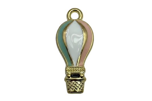 Pastel enamel hot air balloon in teal, blush pink, and white with gold outline