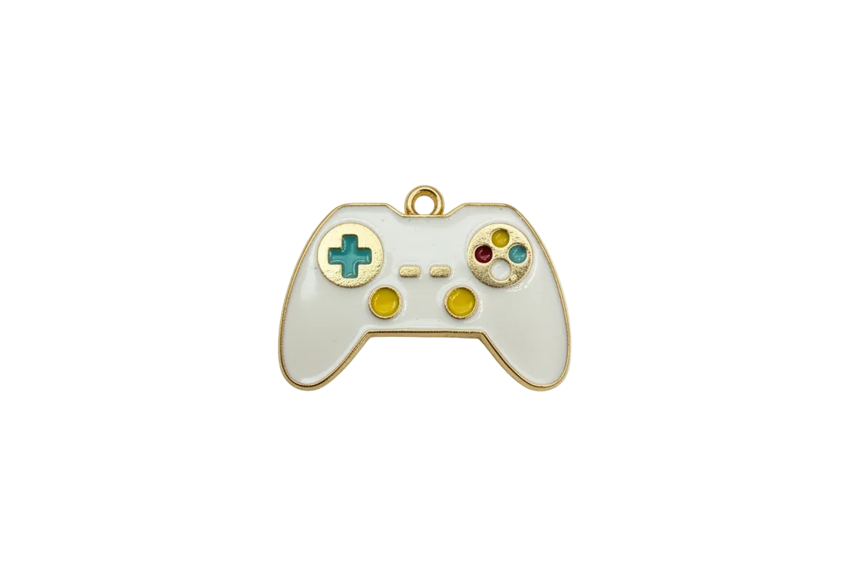 White game controller with gold trim and multicolor buttons